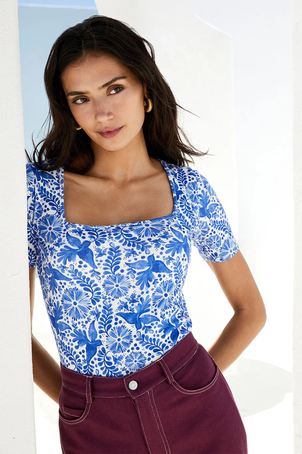 T-shirt Paresseuse en coton Oiseau de Nuit Bleu