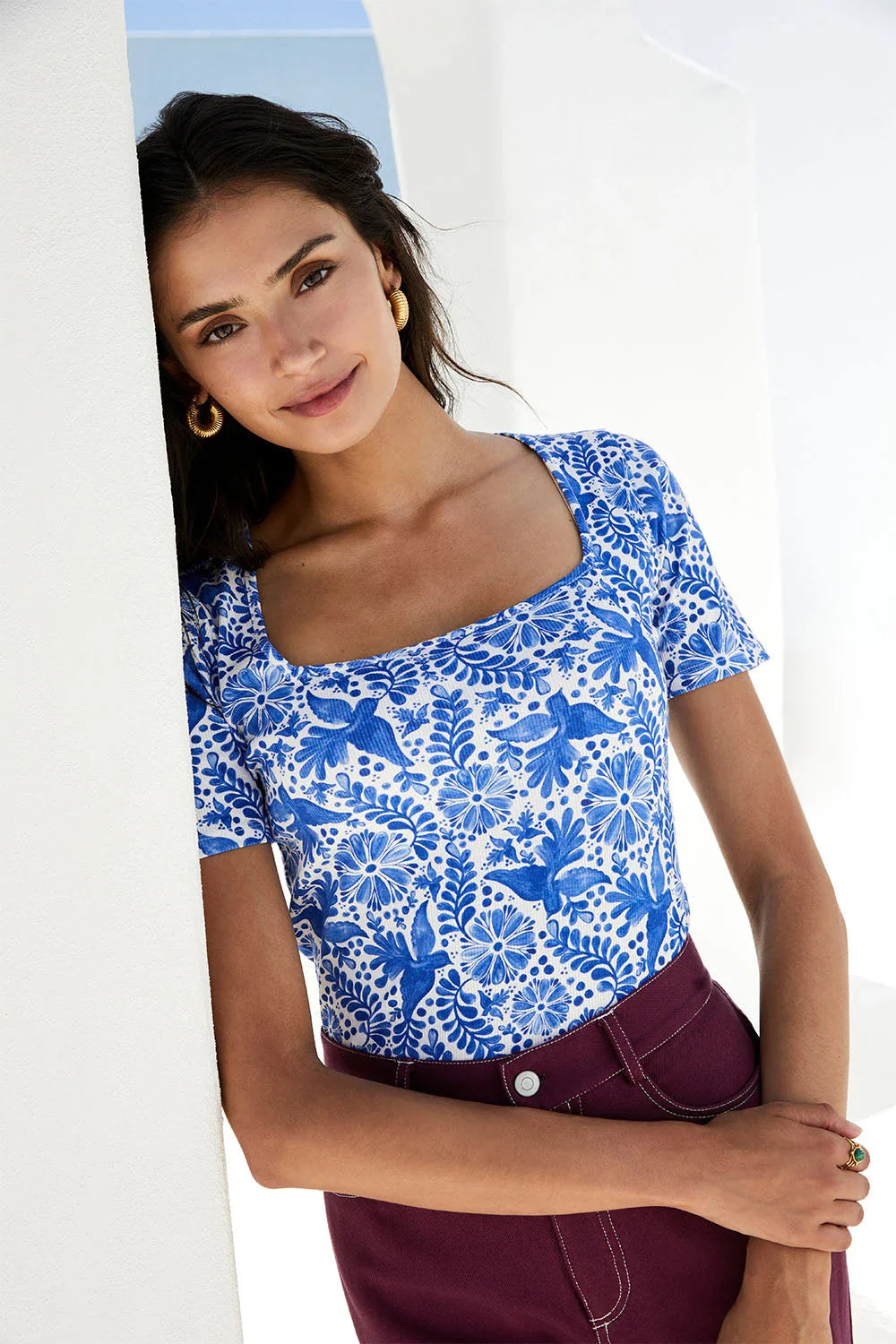 T-shirt Paresseuse en coton Oiseau de Nuit Bleu
